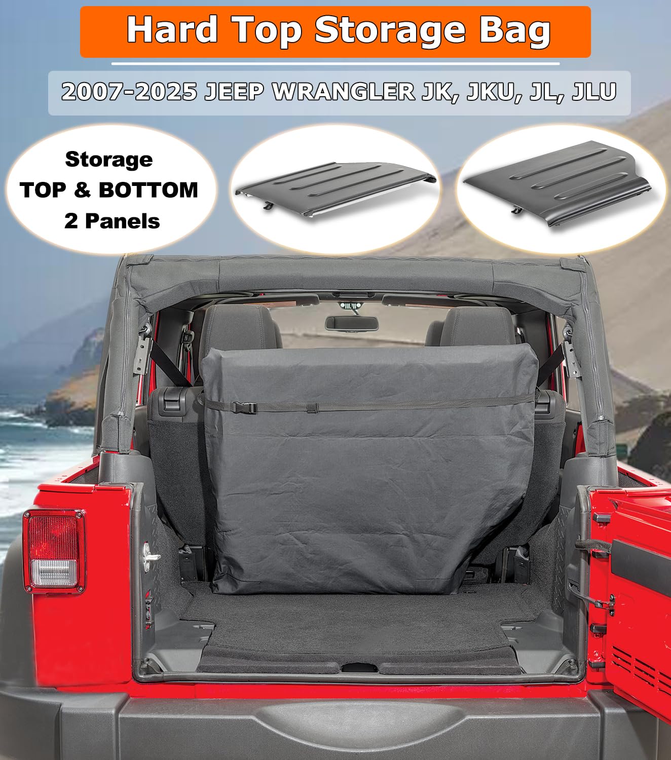 Camoo storage bag attached behind rear seat for quick top panel access