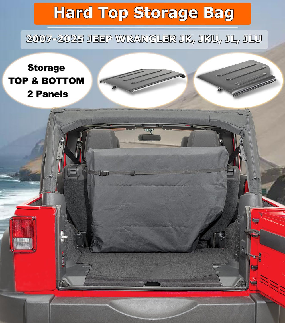 Camoo storage bag attached behind rear seat for quick top panel access