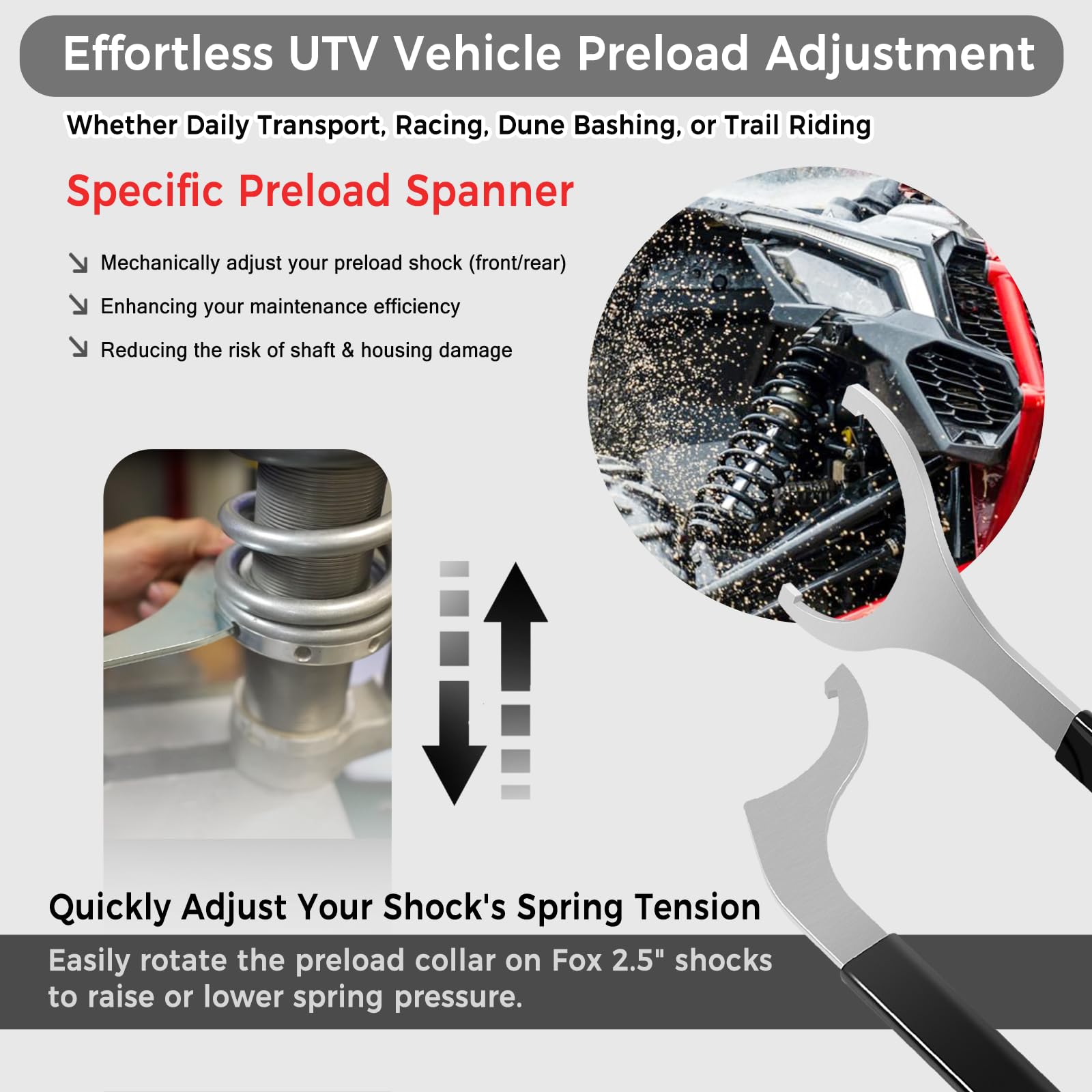 Camoo Polaris RZR 2.5-inch shock tool enables efficient preload adjustments.