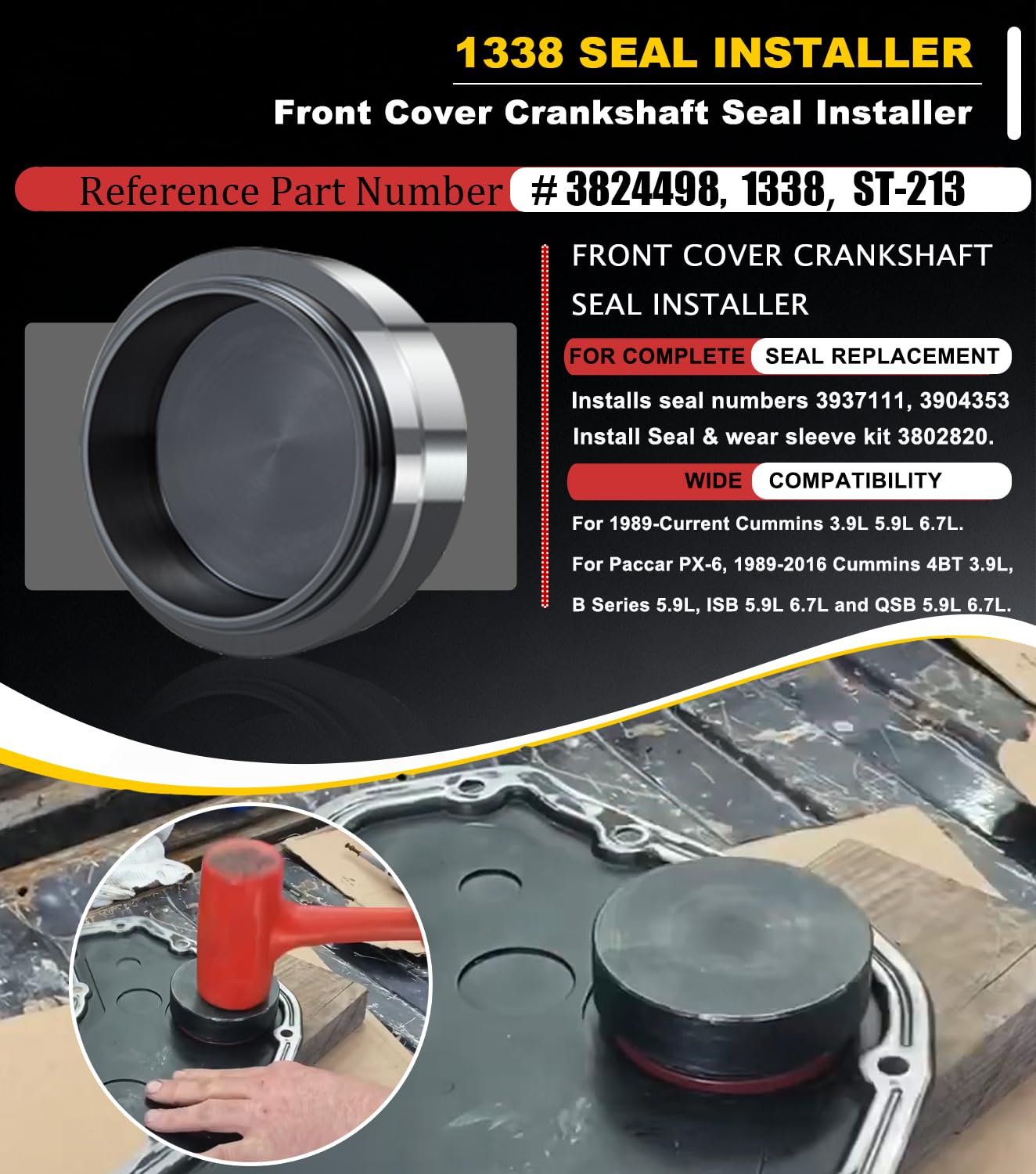 Camoo tooling kit for seal installation aids leak-free engine assembly.