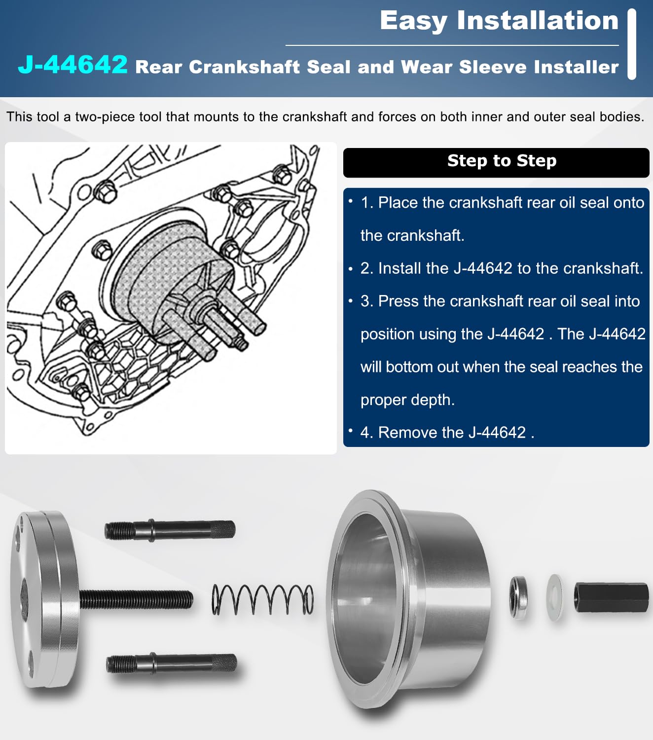 Two-piece Camoo tool mounts to crankshaft for inner and outer seals.