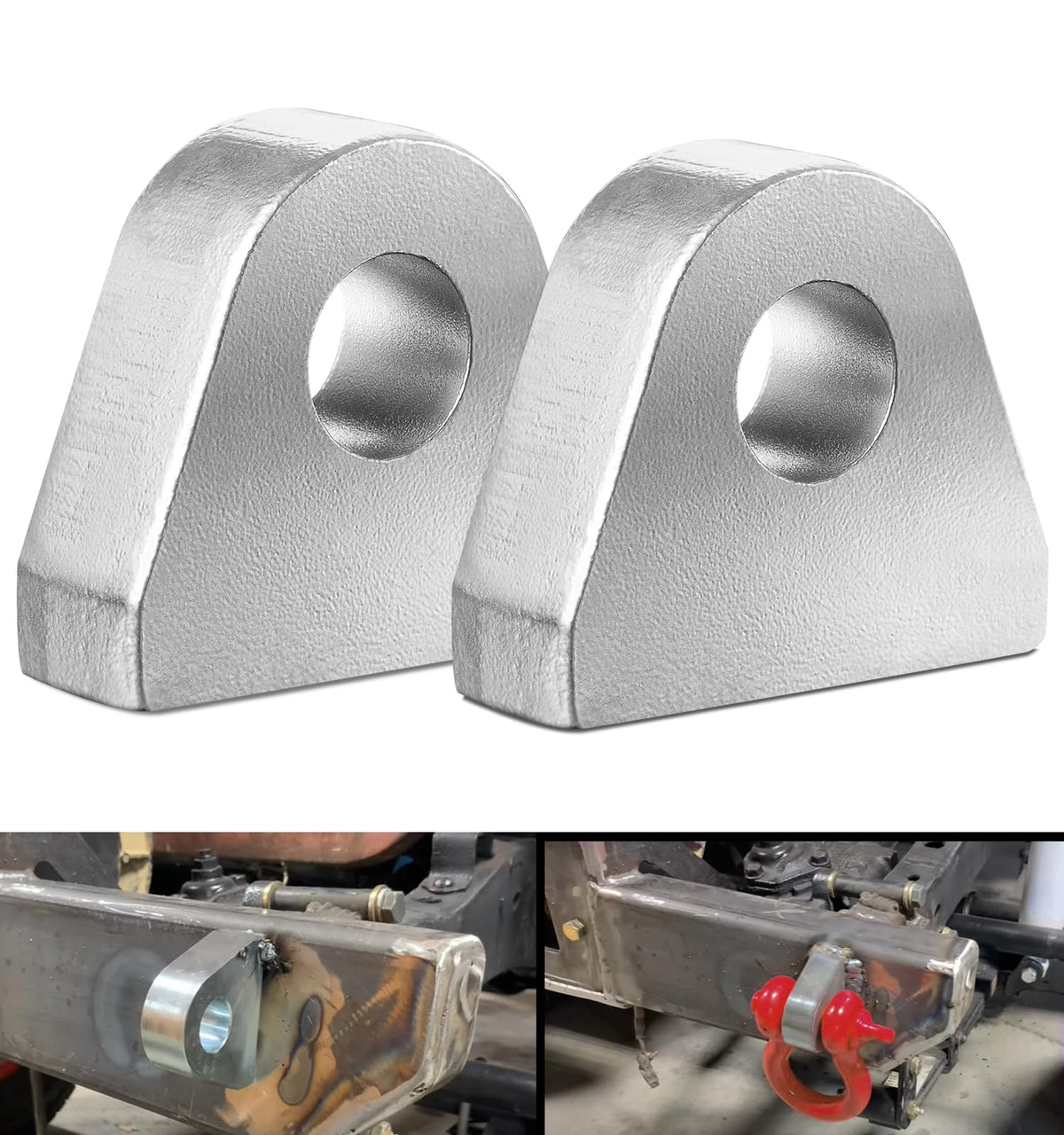 Camoo weld-on shackle clevis mount on front bumper for secure off-road recovery.