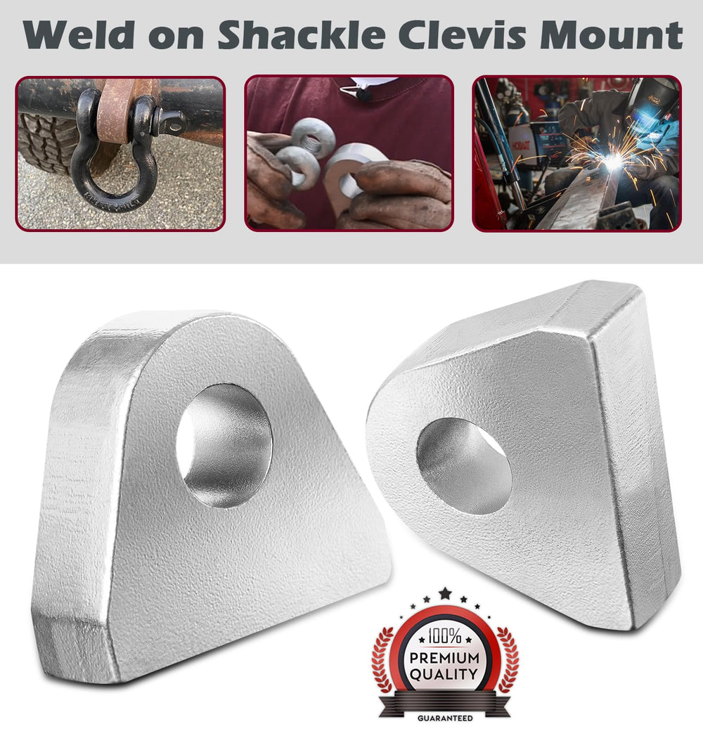 Camoo weld-on shackle clevis mount side view showing 1-inch thickness for durability.