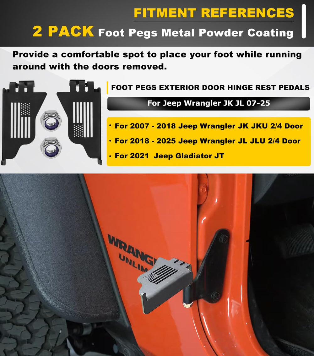 Camoo Wrangler foot pegs with black powder coating for corrosion resistance
