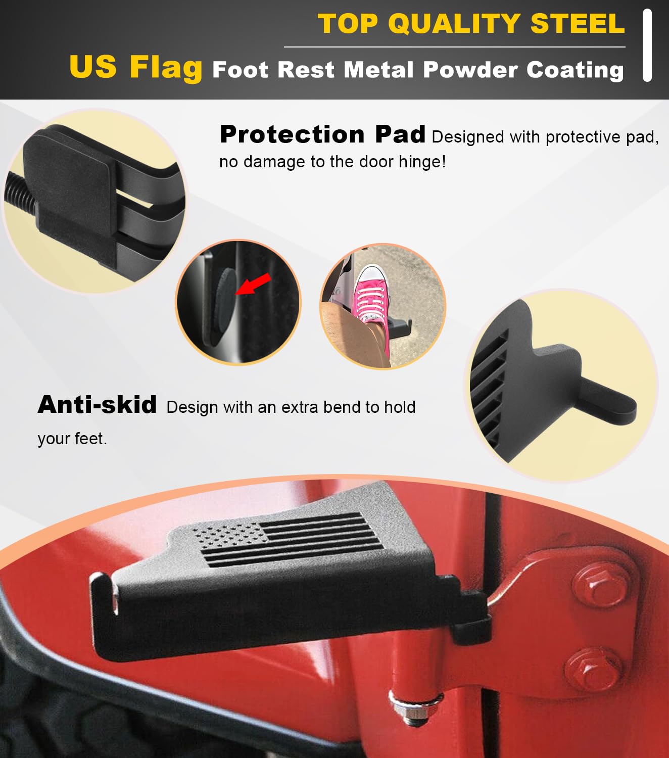 Camoo Wrangler foot pegs featuring US flag design for rugged style
