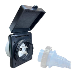 Campelify 30 amp rv inlet box twist-lock closeup showing secure outdoor connection