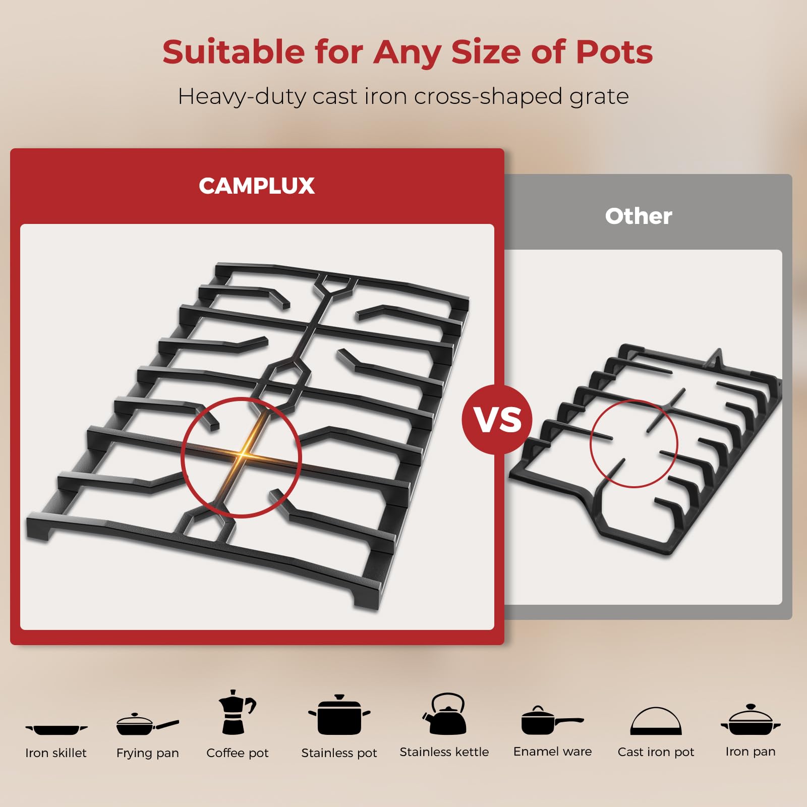 CAMPLUX RGH12IB cross-shaped cast-iron grate fits pots of all sizes