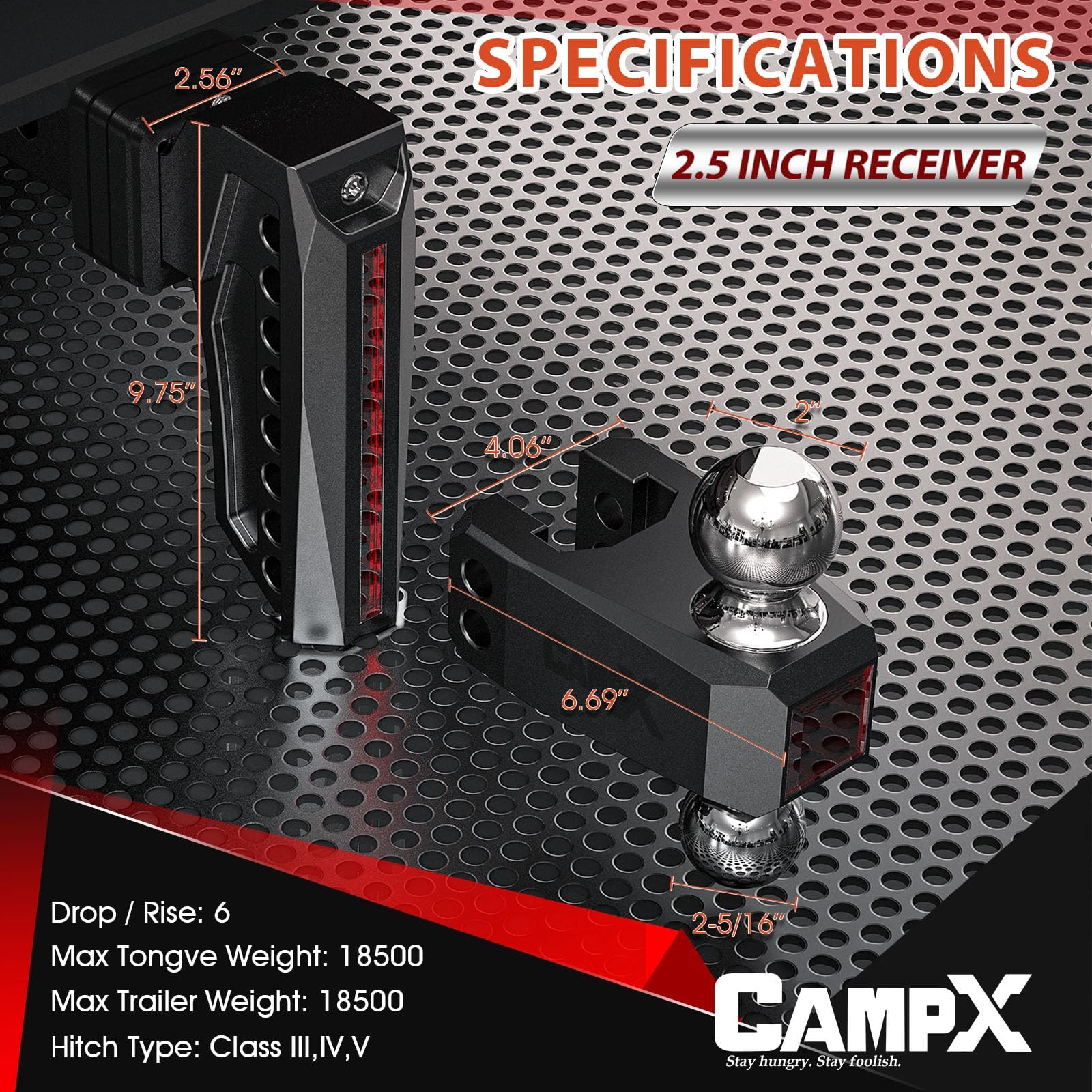 CampX heavy-duty aluminum tow hitch highlights rugged construction and long-lasting performance