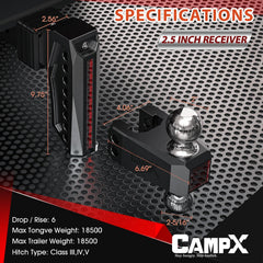 CampX heavy-duty aluminum tow hitch highlights rugged construction and long-lasting performance