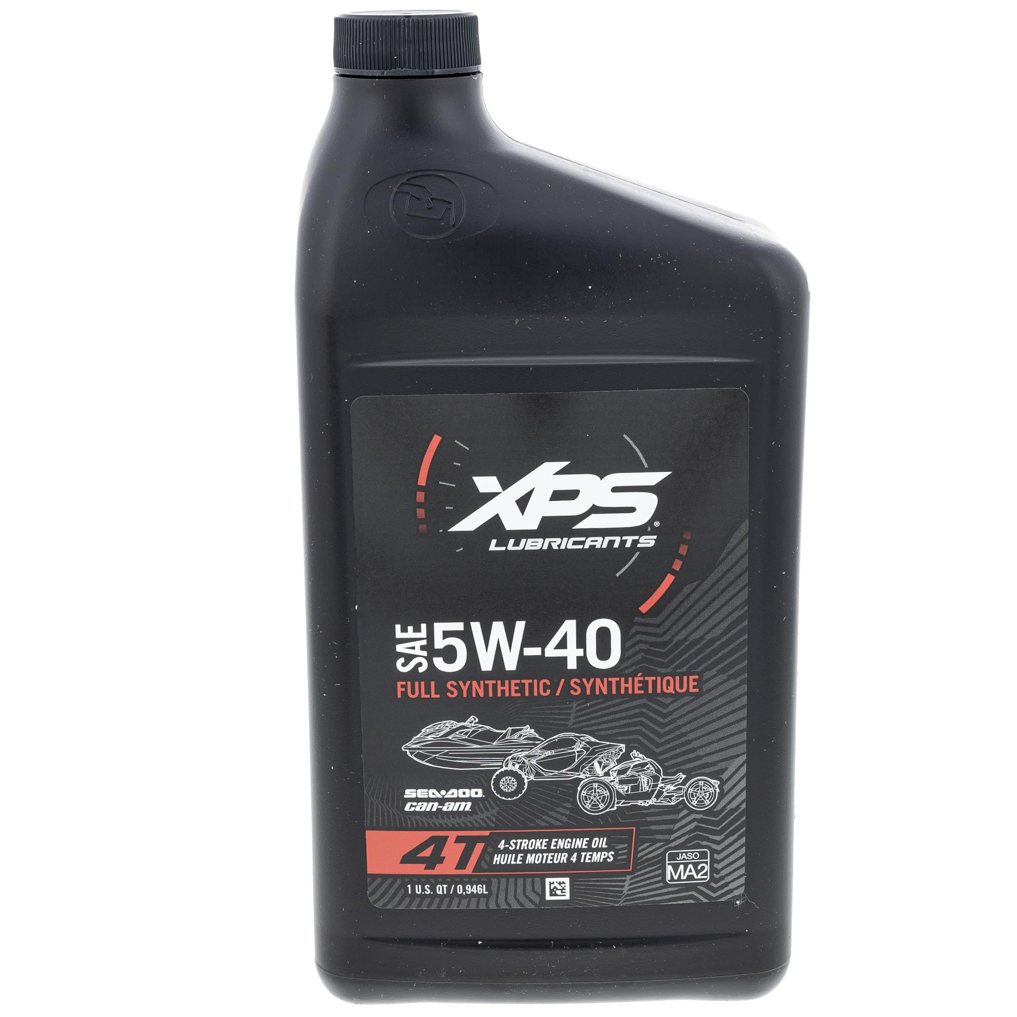 Can-Am 9779488 OEM synthetic oil 5W40 bottle closeup for performance fluids.