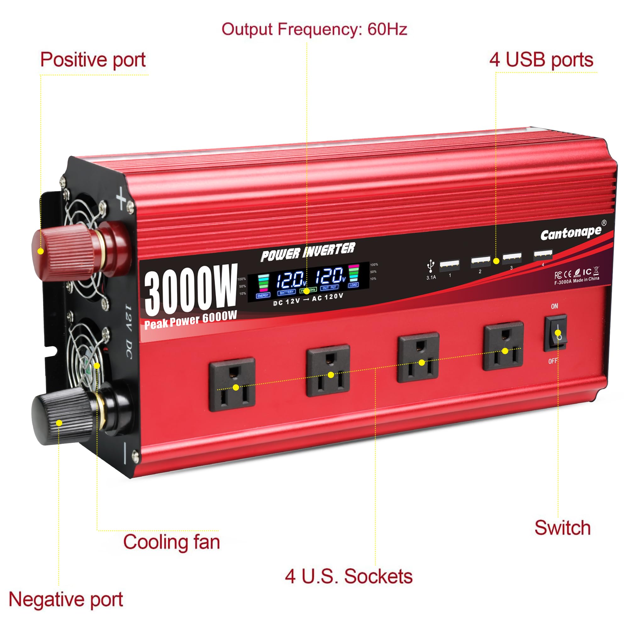 Cantonape 3000W inverter side ports for versatile vehicle charging.