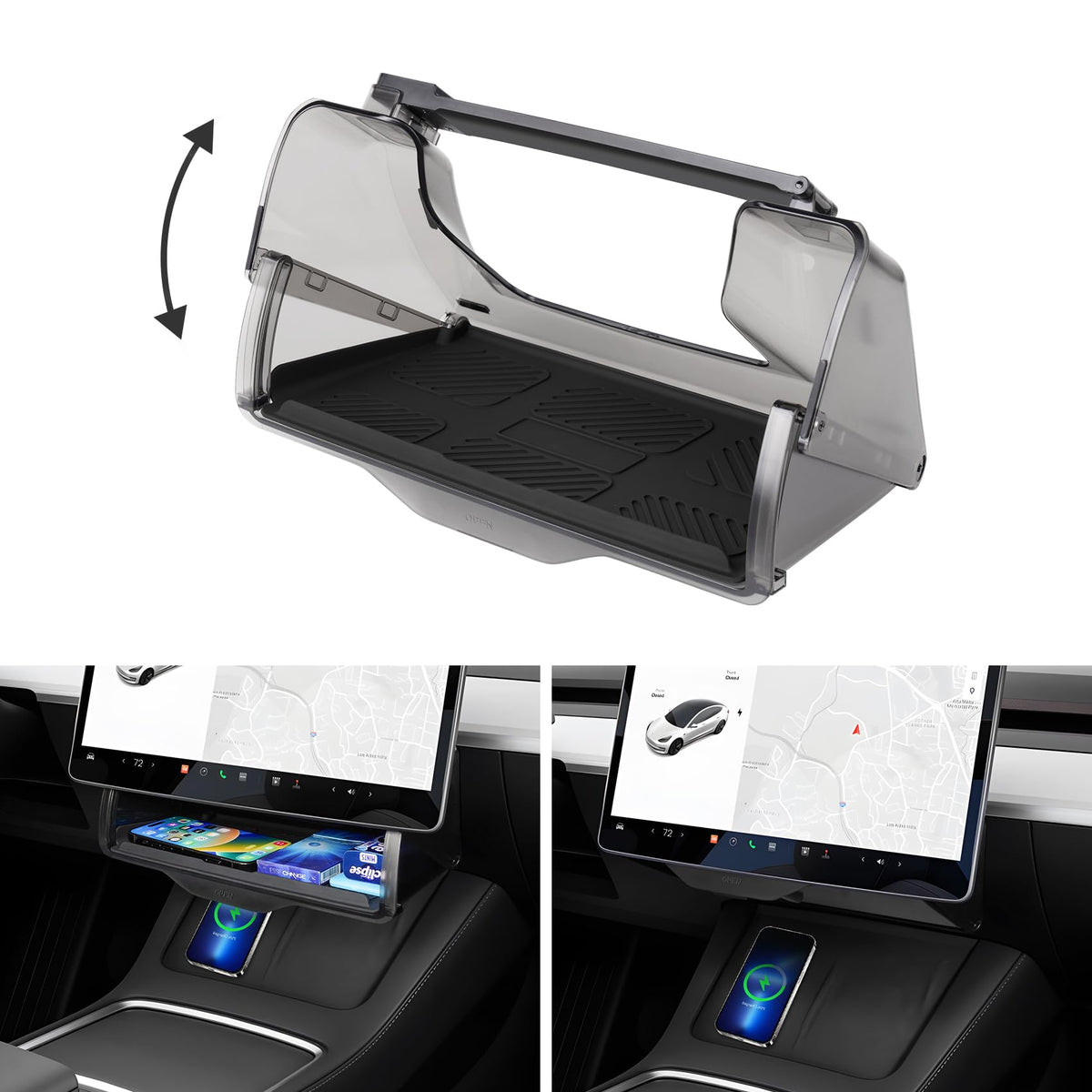 Canvcle hidden under screen storage box with open design for easy access.
