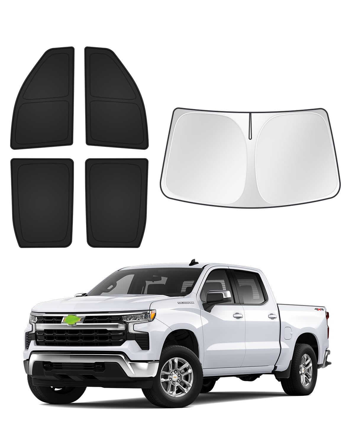 Canvcle sunshade full window cover on GMC Sierra Crew Cab providing UV protection.