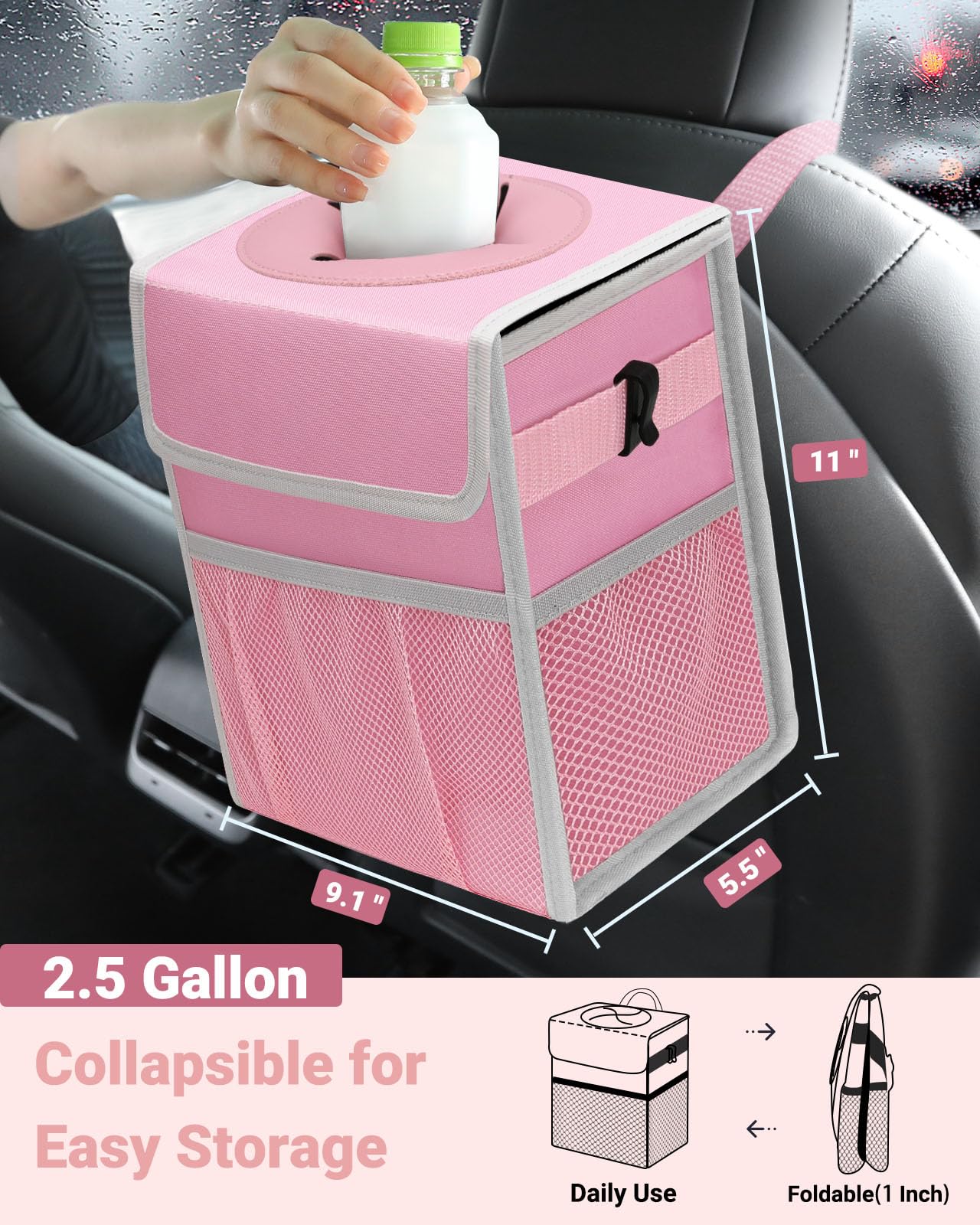Capolo 2.5-gallon capacity pink trash can for longer road trips.
