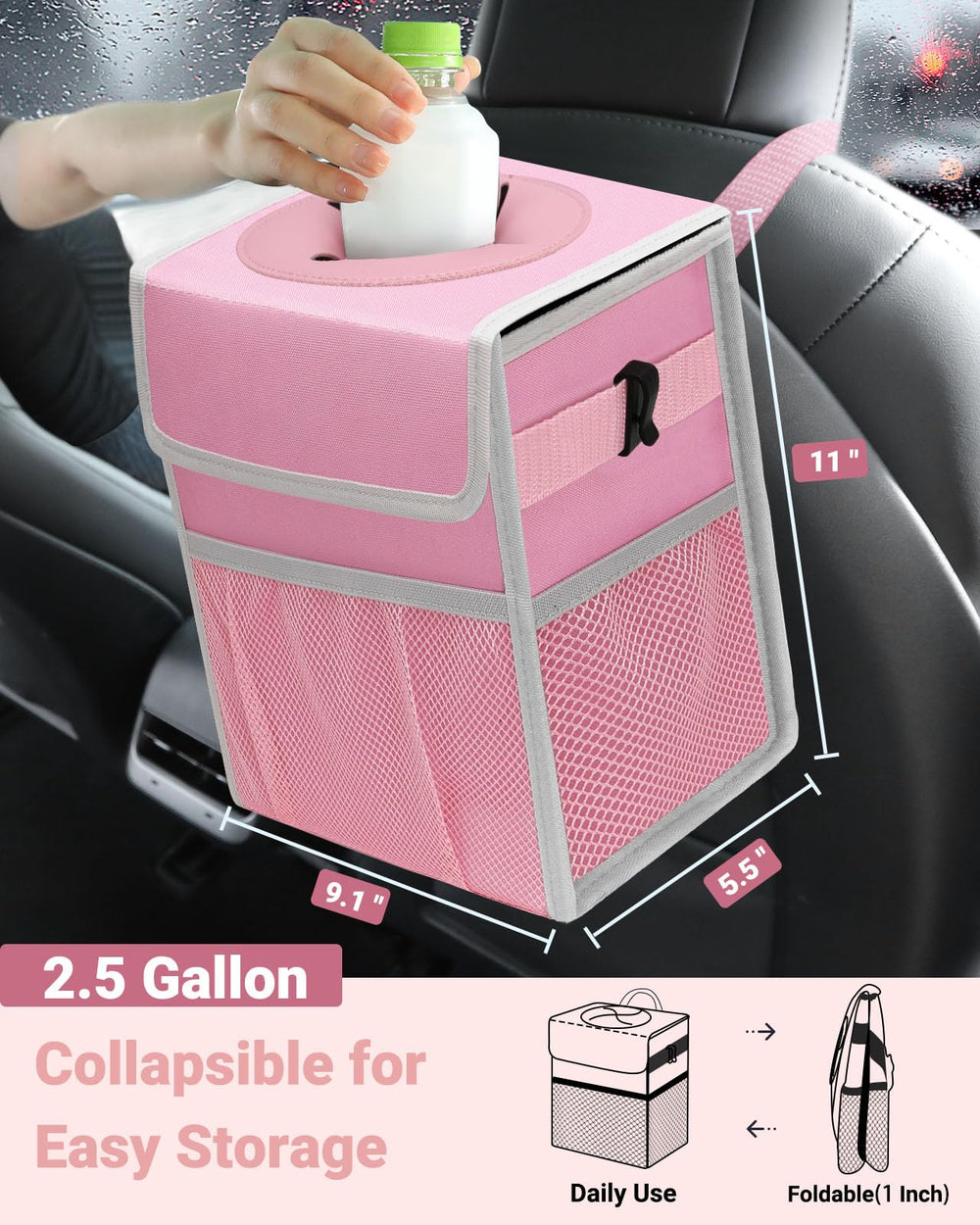 Capolo 2.5-gallon capacity pink trash can for longer road trips.