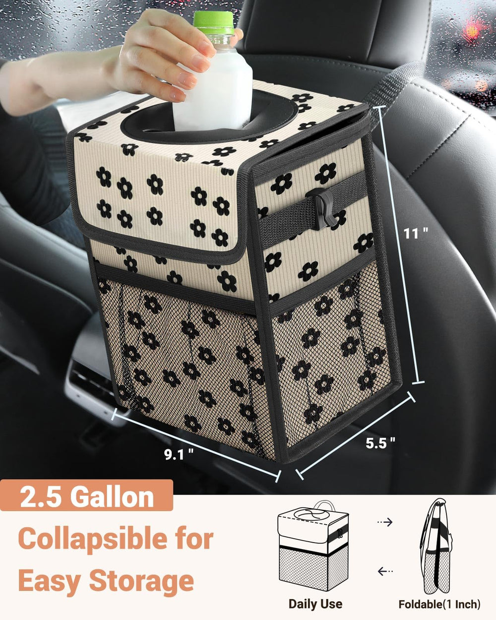 Capolo 2.5-gallon car trash bin demonstrates compact storage for vehicles.