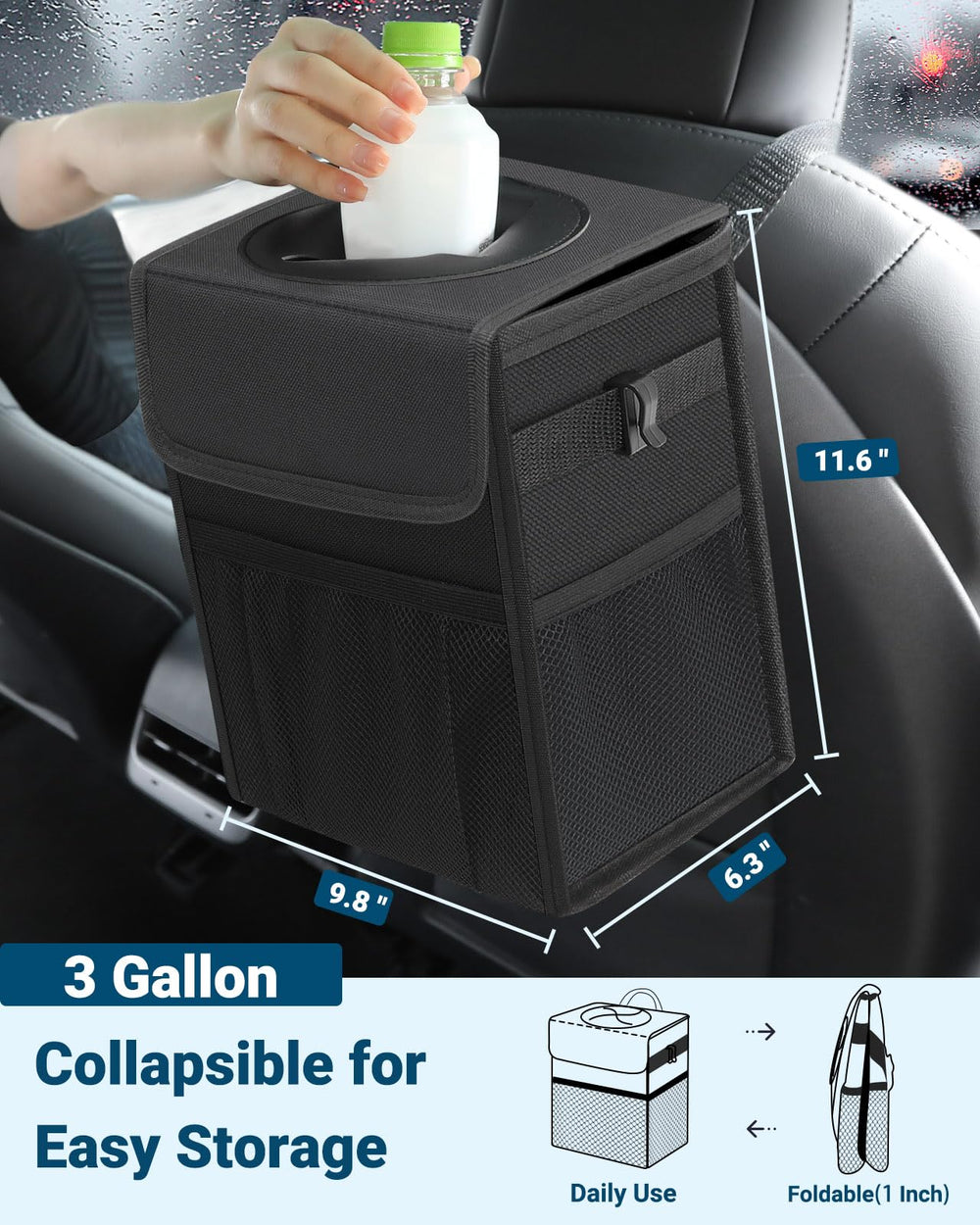 Capolo car trash bin in front seat area highlights 3-gallon capacity for travel waste.