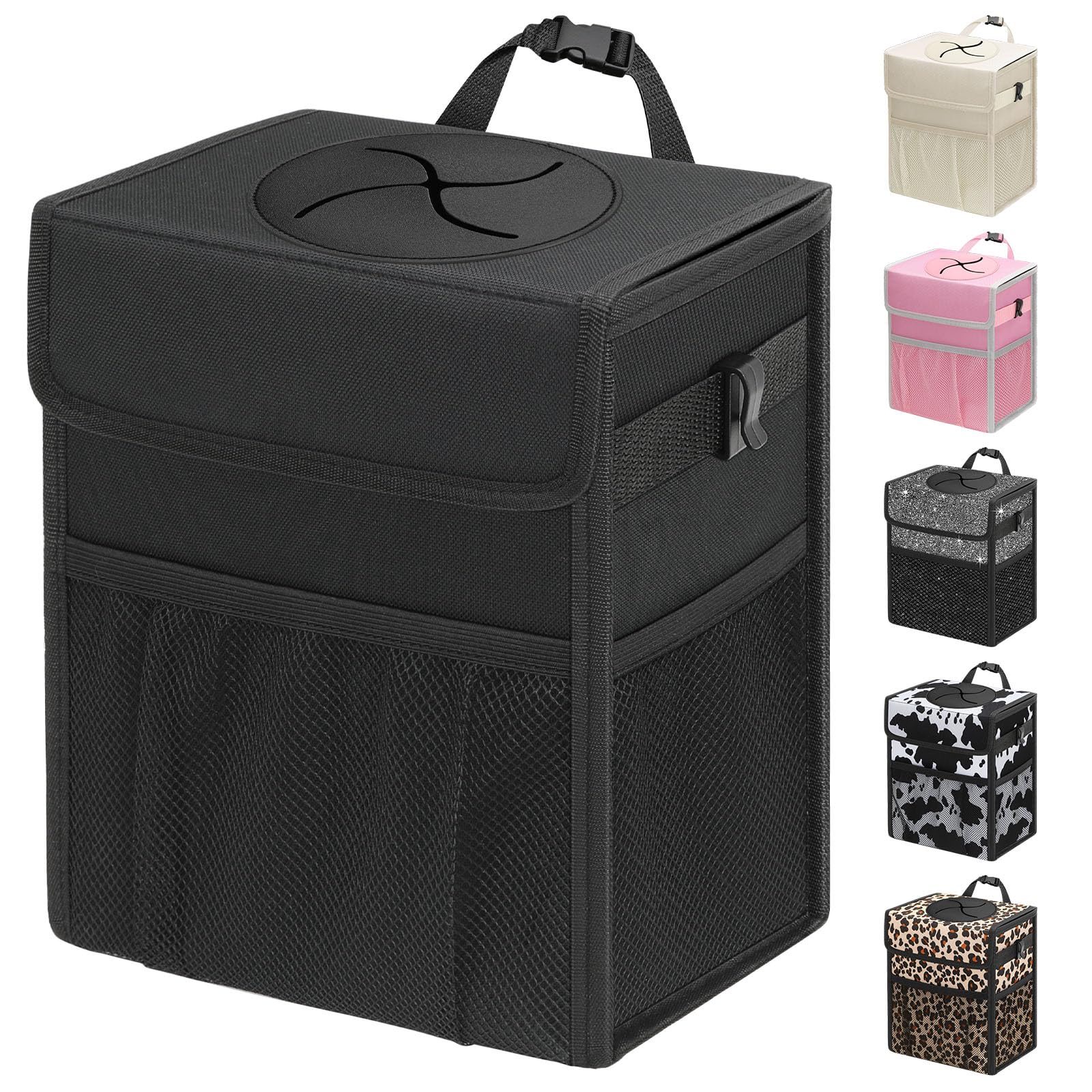 Capolo car trash bin with lid demonstrates secure hanging and odor containment.