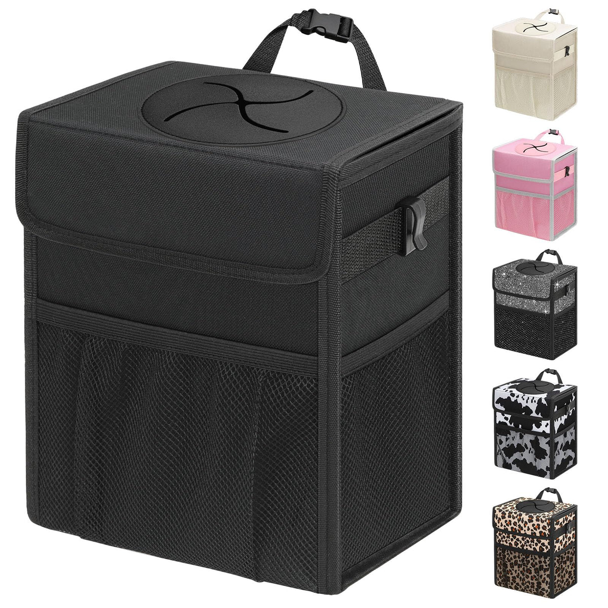 Capolo car trash bin with lid demonstrates secure hanging and odor containment.