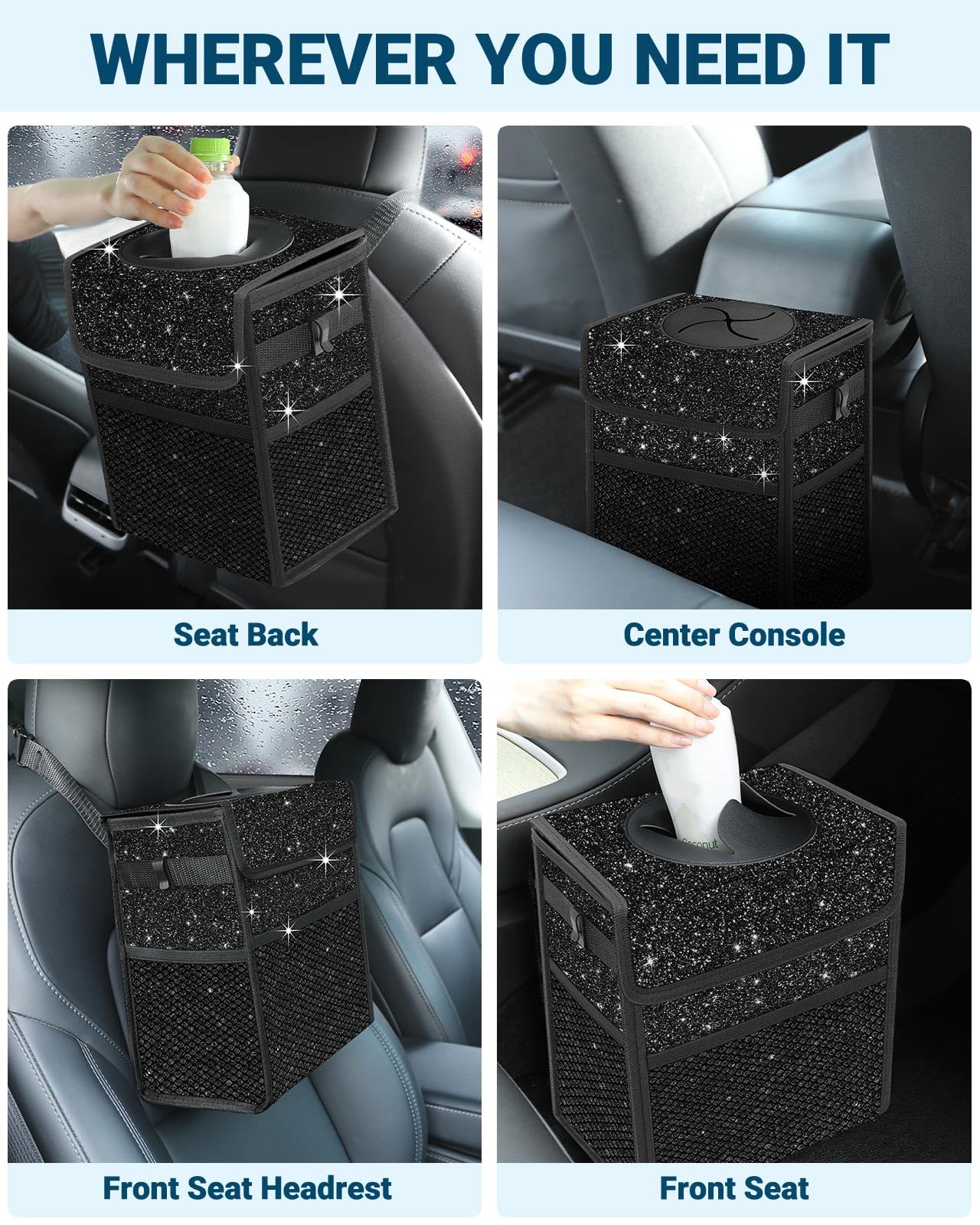 Capolo trash can with side hooks stays steady in the vehicle.