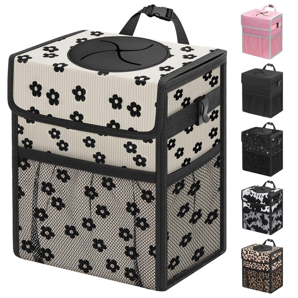 Capolo car trash can lid in Black Flower design keeps contents secure.