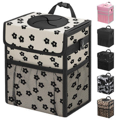 Capolo car trash can lid in Black Flower design keeps contents secure.