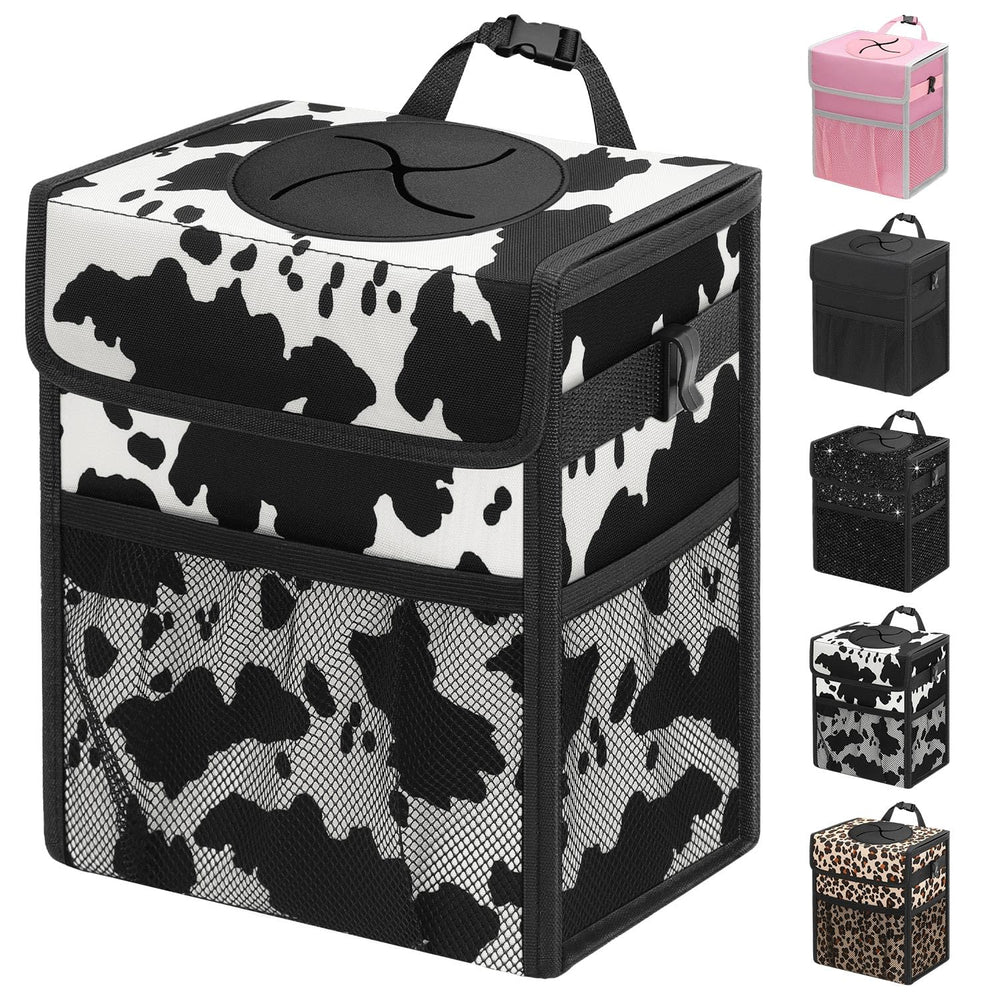 Capolo cow-print car trash can with lid keeps cabin tidy on road trips.