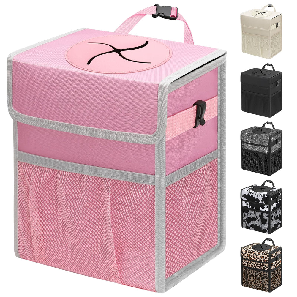 Capolo car trash can with pink lid on front seat for tidy organization and easy disposal.