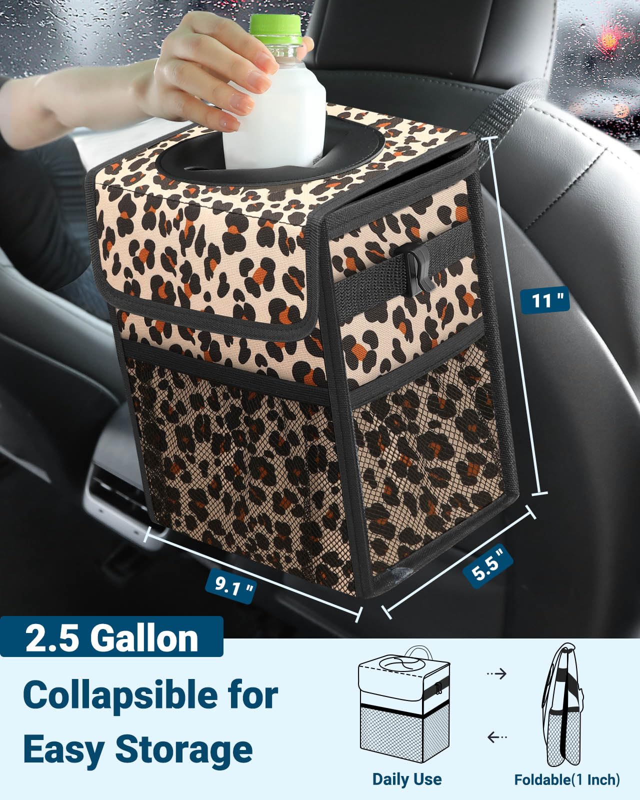 Capolo leopard car trash bin leakproof inner lining prevents spills on the road