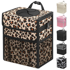 Capolo leopard car trash bin with lid helps keep the cabin tidy while driving