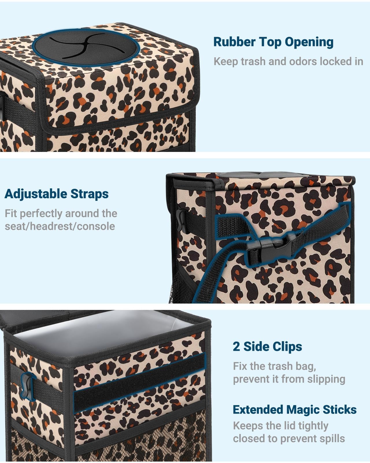 Capolo leopard car trash bin built-in PVC support stays upright for easy use