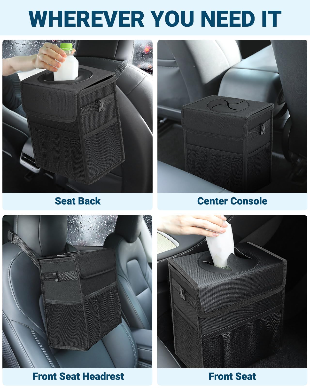 Capolo side hooks secure the trash bin to the car interior for stable use.