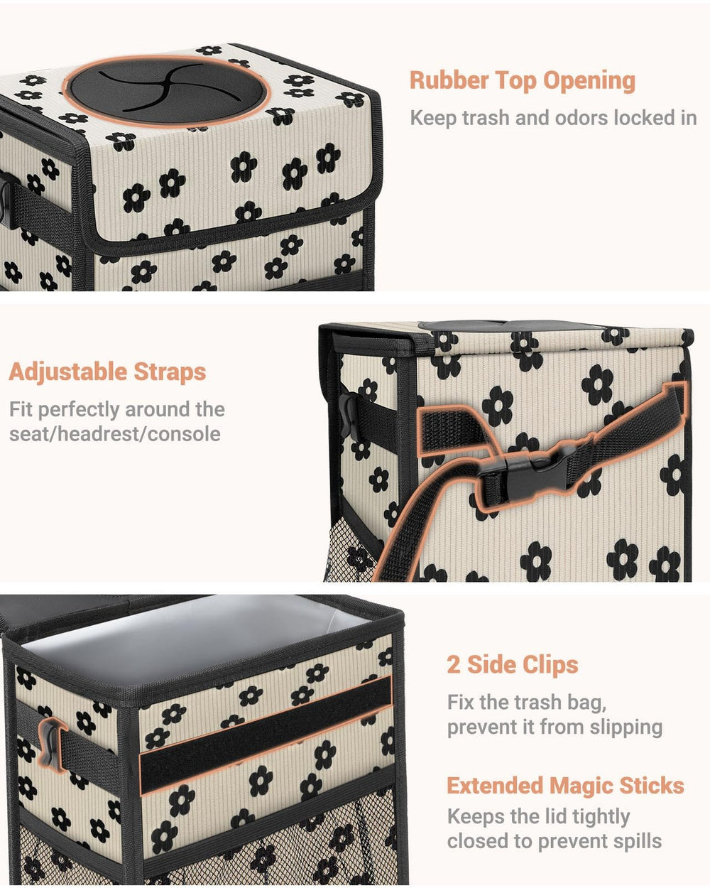 Capolo trash bin placed in-car for flexible mounting on headrest or console.