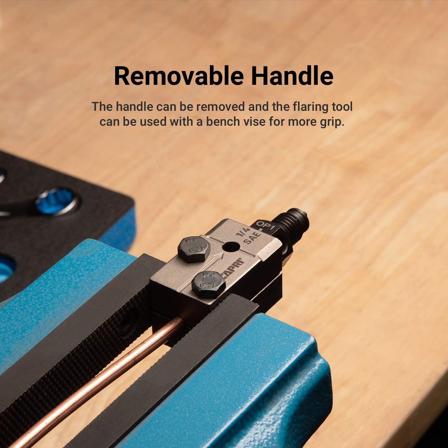 Capri Tools double flaring tool detachable die with bench vise compatibility.