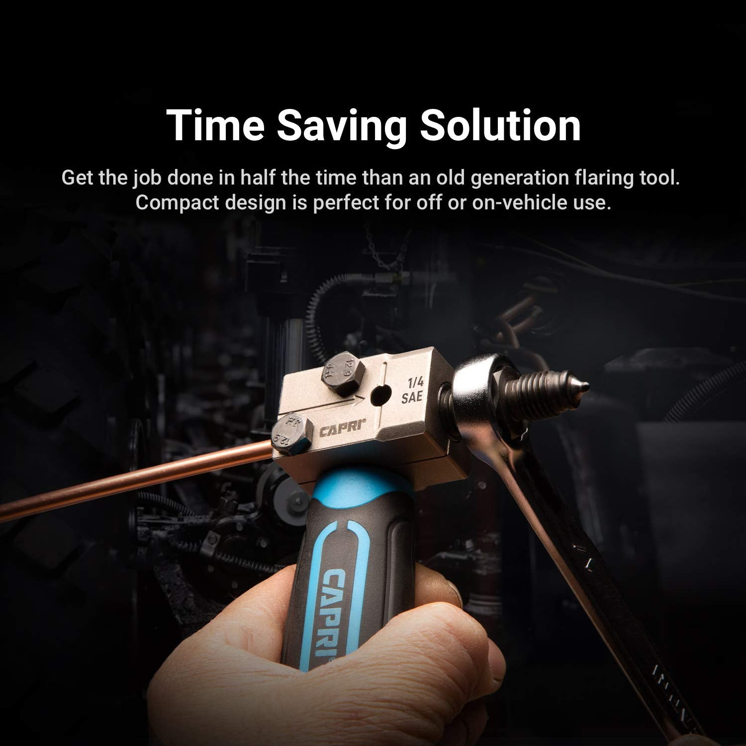 Capri Tools double flaring tool in use on tubing ensures clean brake line joins.