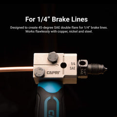Capri Tools double flaring tool off-vehicle setup for tight engine bay spots.