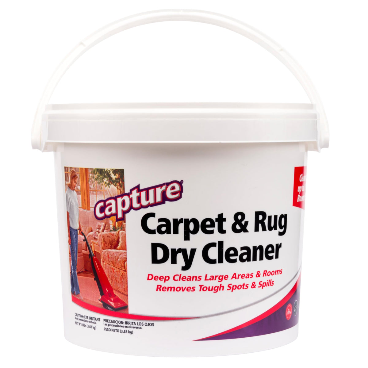 Capture Carpet Cleaner powder in an 8 lb pail ready for deep dry cleaning on rugs