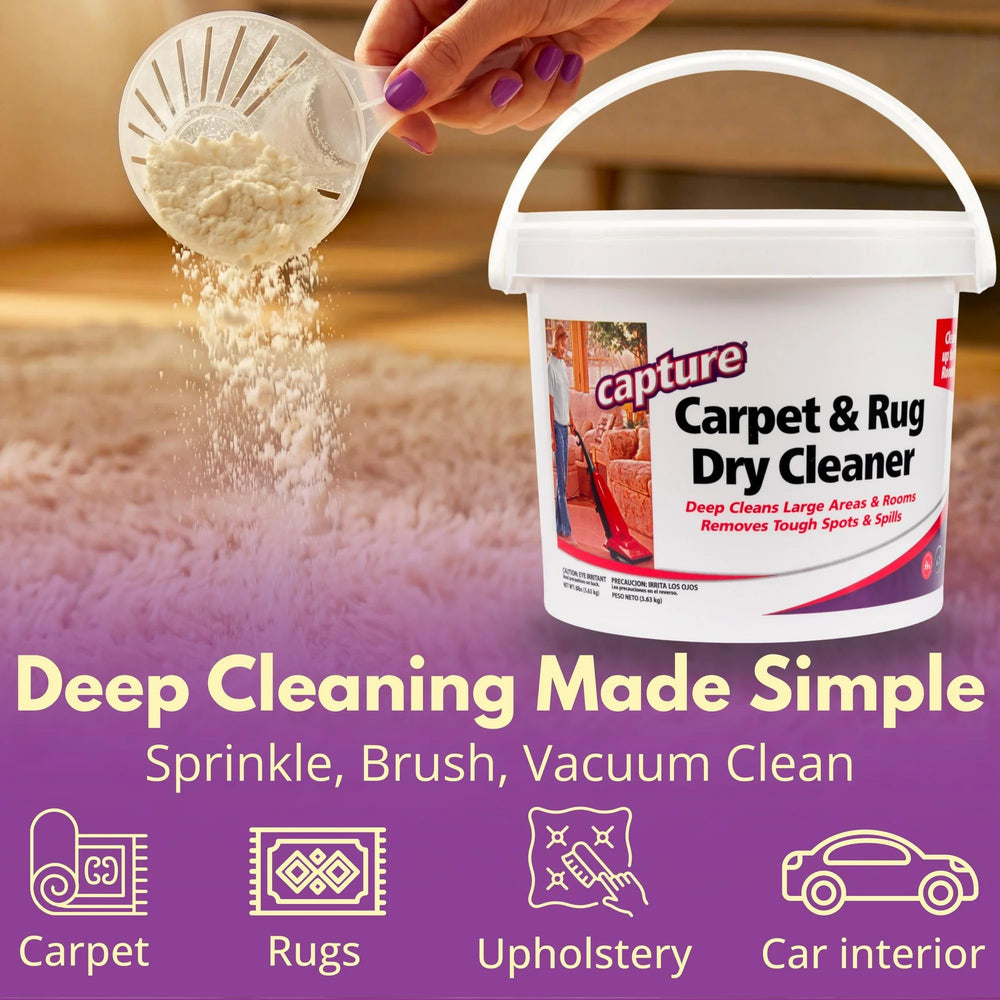 Capture powder is sprinkled onto carpet for immediate absorption of dirt and spills