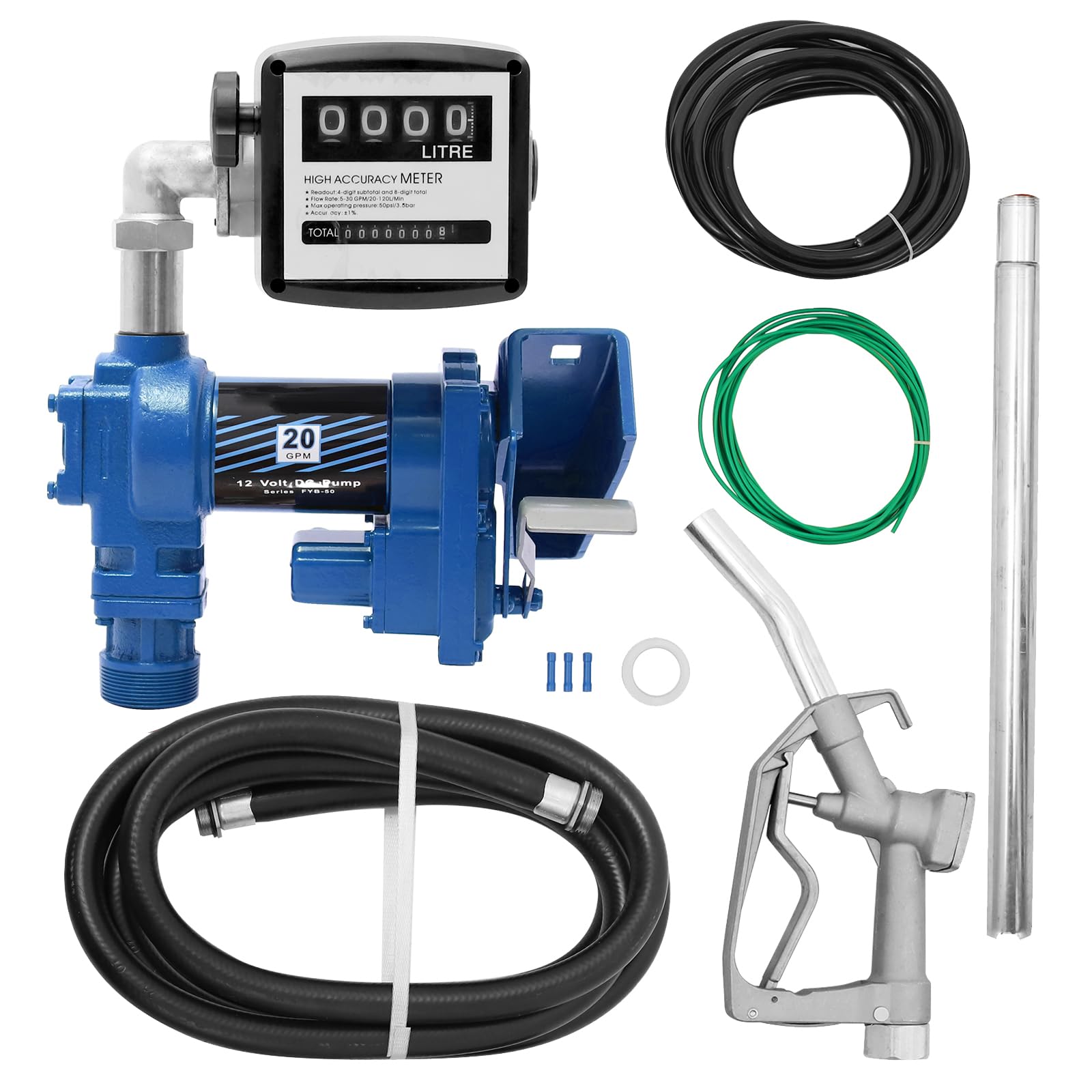 caqeg 1-inch hose with nozzle enabling controlled pours for lawn equipment.