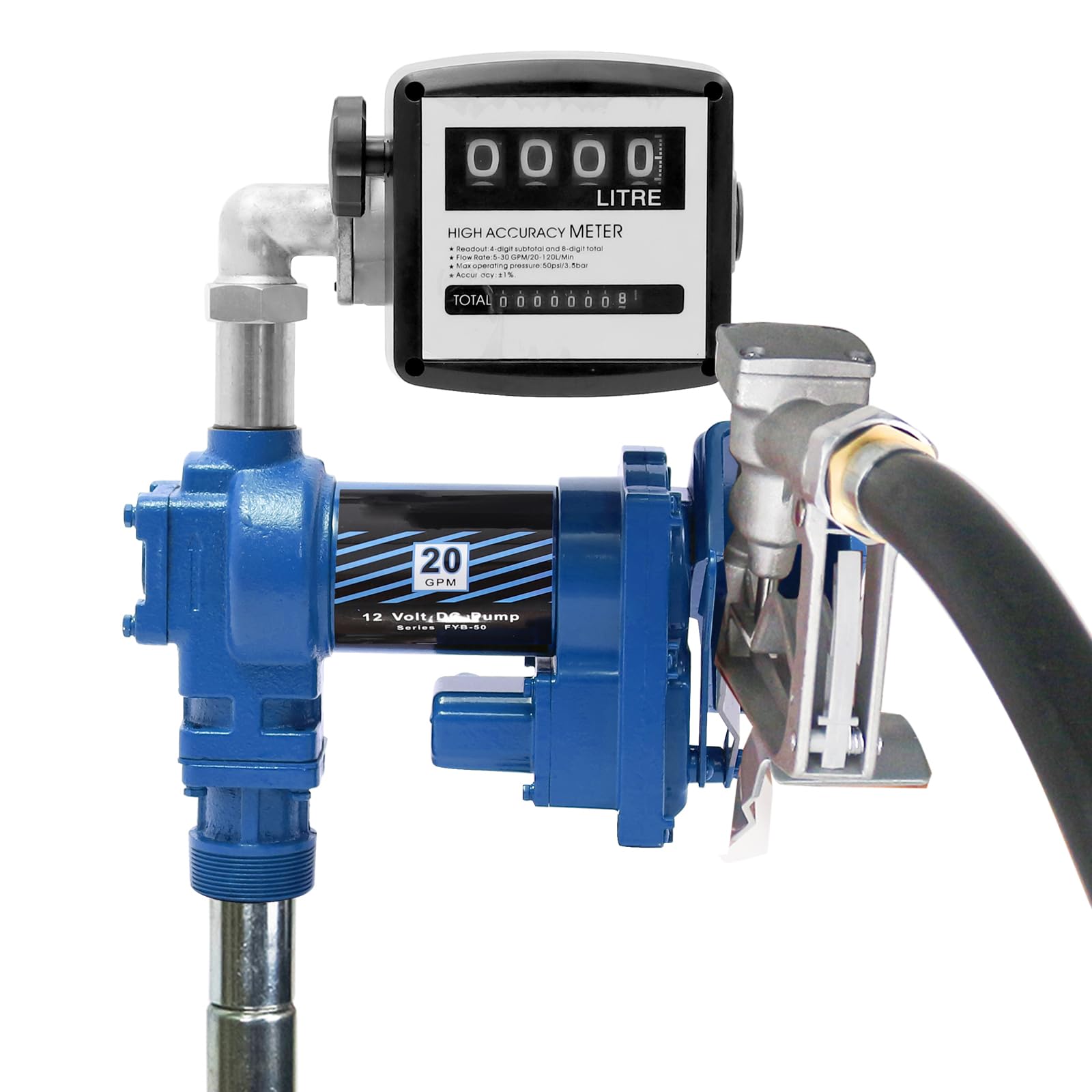 caqeg 20GPM 12V DC fuel transfer pump with flow meter for fast boat refueling.