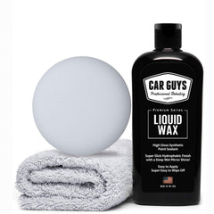 CAR GUYS Liquid Wax bottle pouring for even coverage and showroom shine.