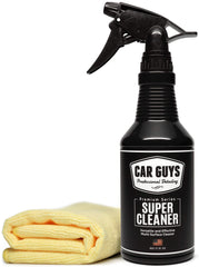 CAR GUYS Super Cleaner bottle with microfiber towel for quick interior cleaning.