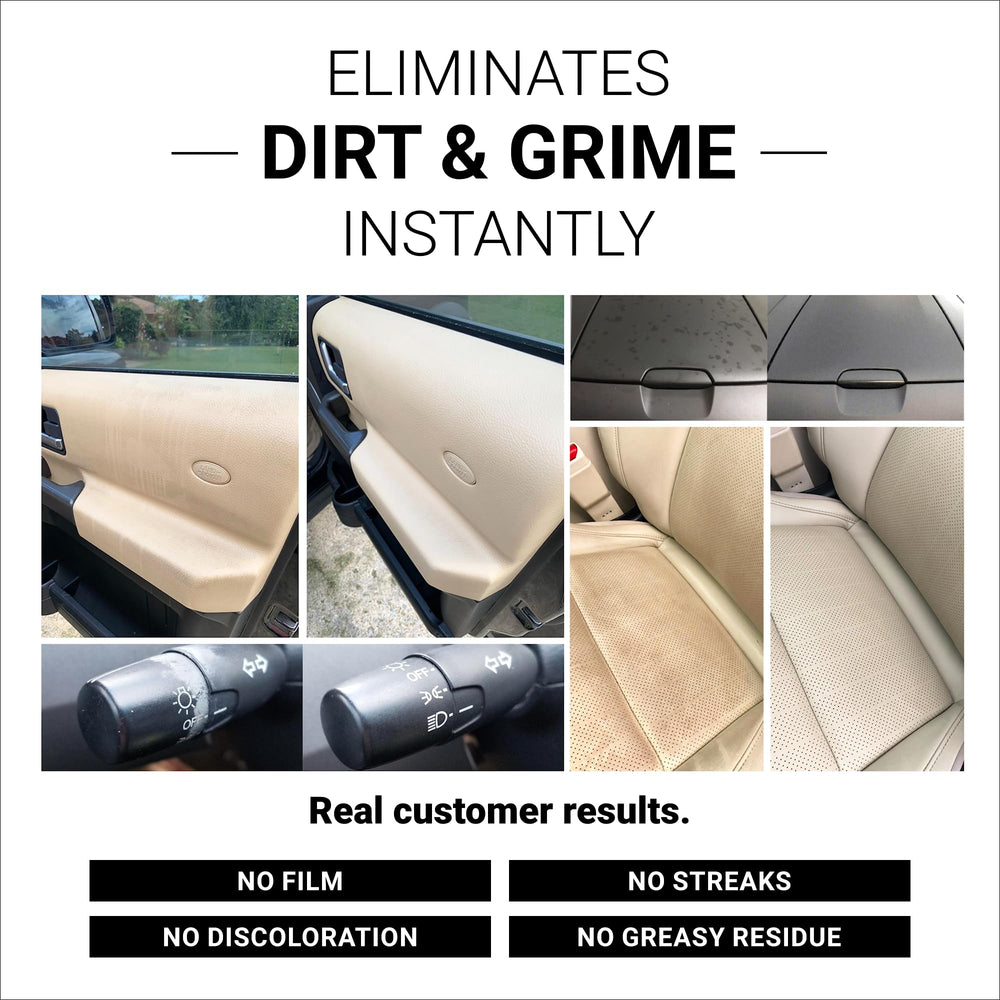 CAR GUYS Super Cleaner demonstrates multi-surface action on dashboard, upholstery, and fabrics.