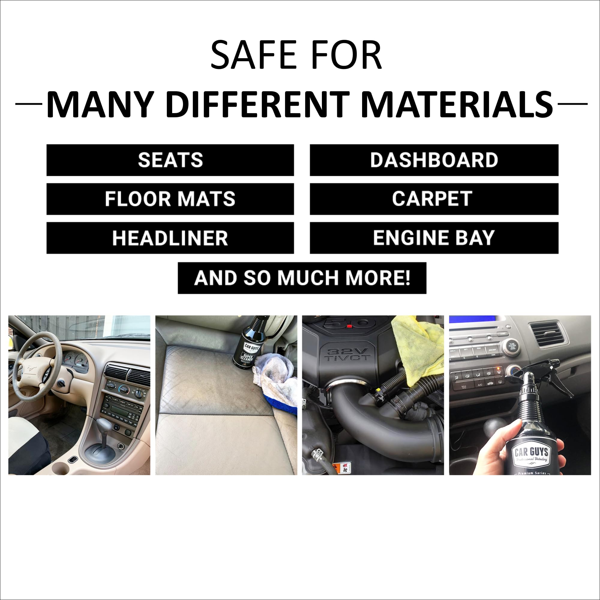 Car interior quick clean with CAR GUYS Super Cleaner after tar, grease, or sap.