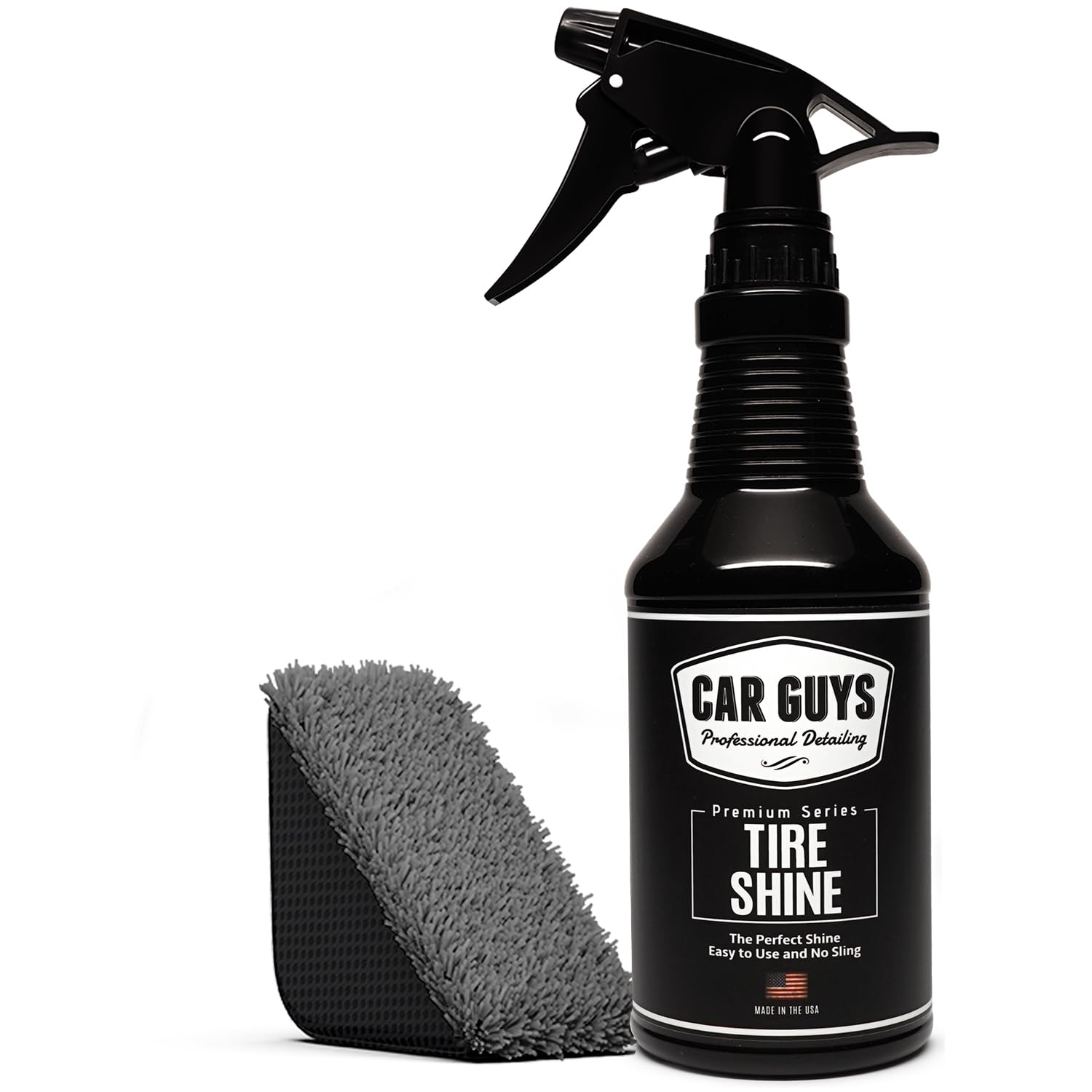 CAR GUYS Tire Shine Spray bottle application for an even gloss