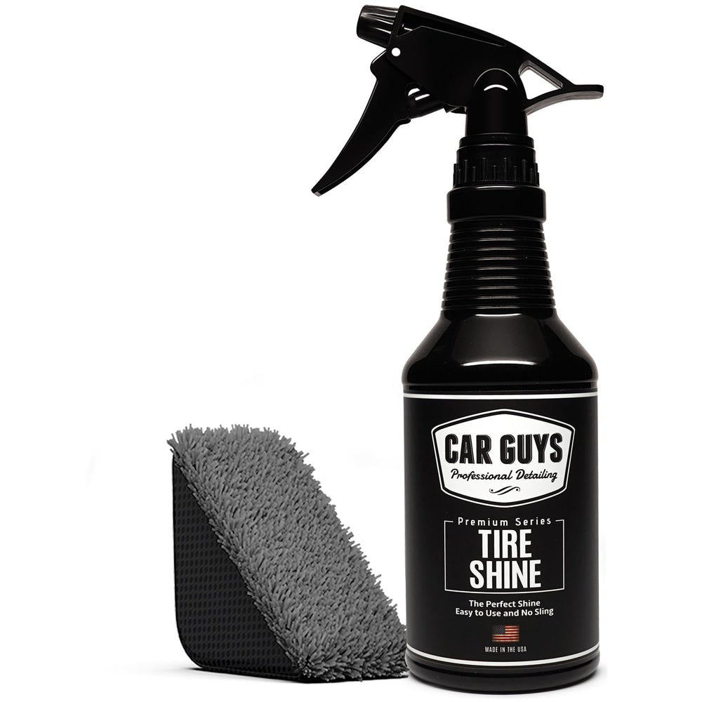 CAR GUYS Tire Shine Spray bottle application for an even gloss