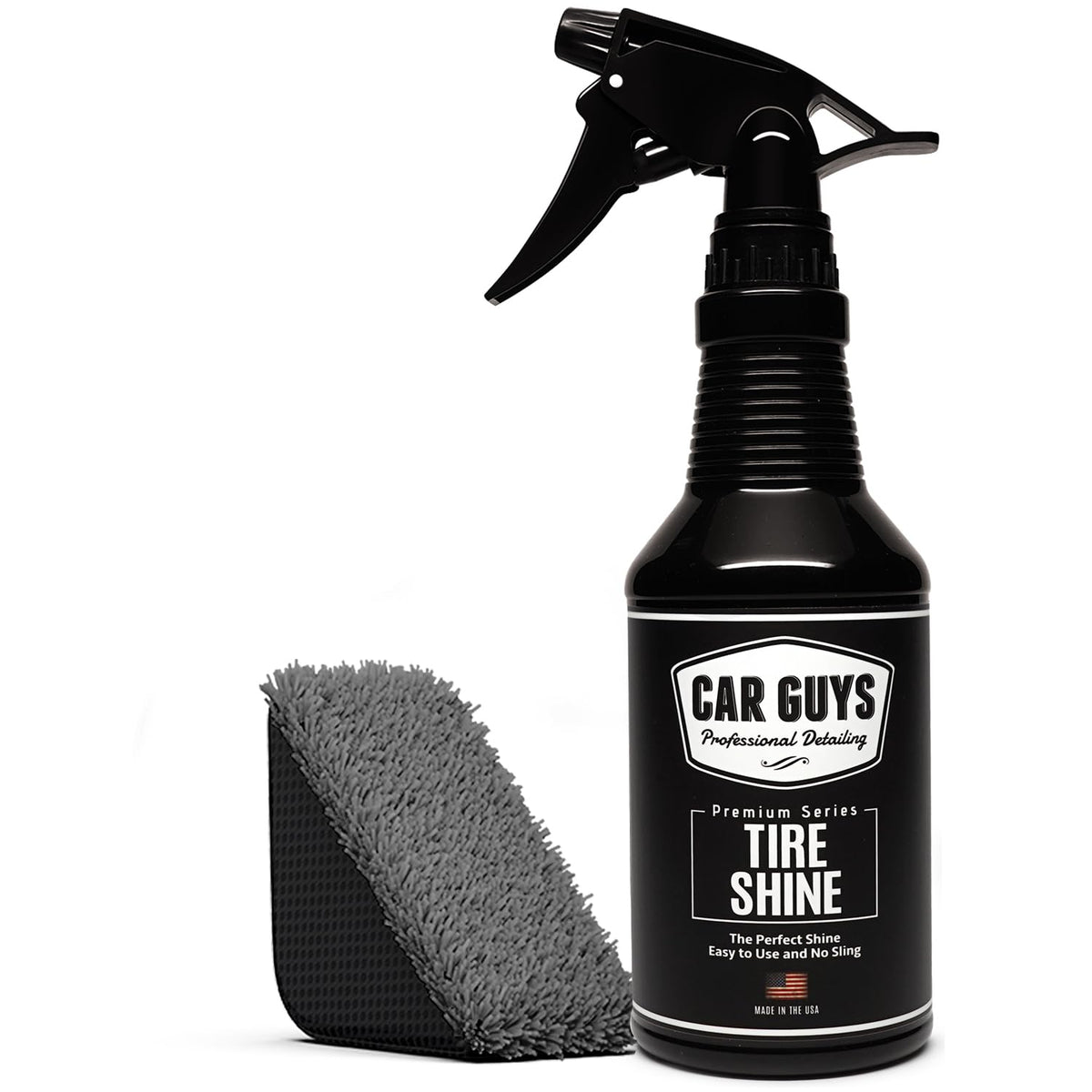 CAR GUYS Tire Shine Spray bottle application for an even gloss