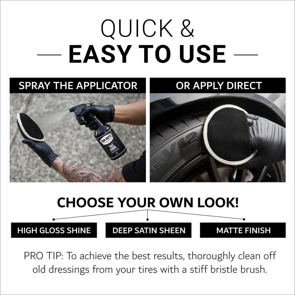 CAR GUYS Tire Shine Spray highlights UV protection on tires