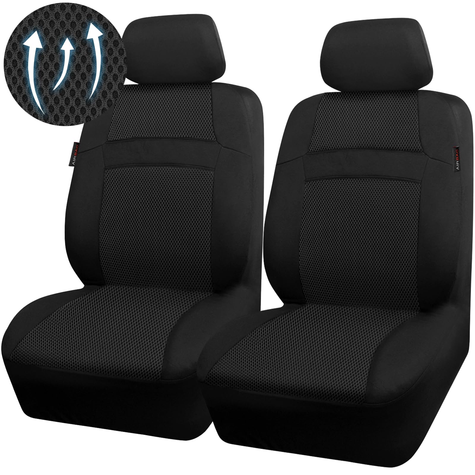CAR PASS 3D Air Mesh Front Seat Cover in black, side view.