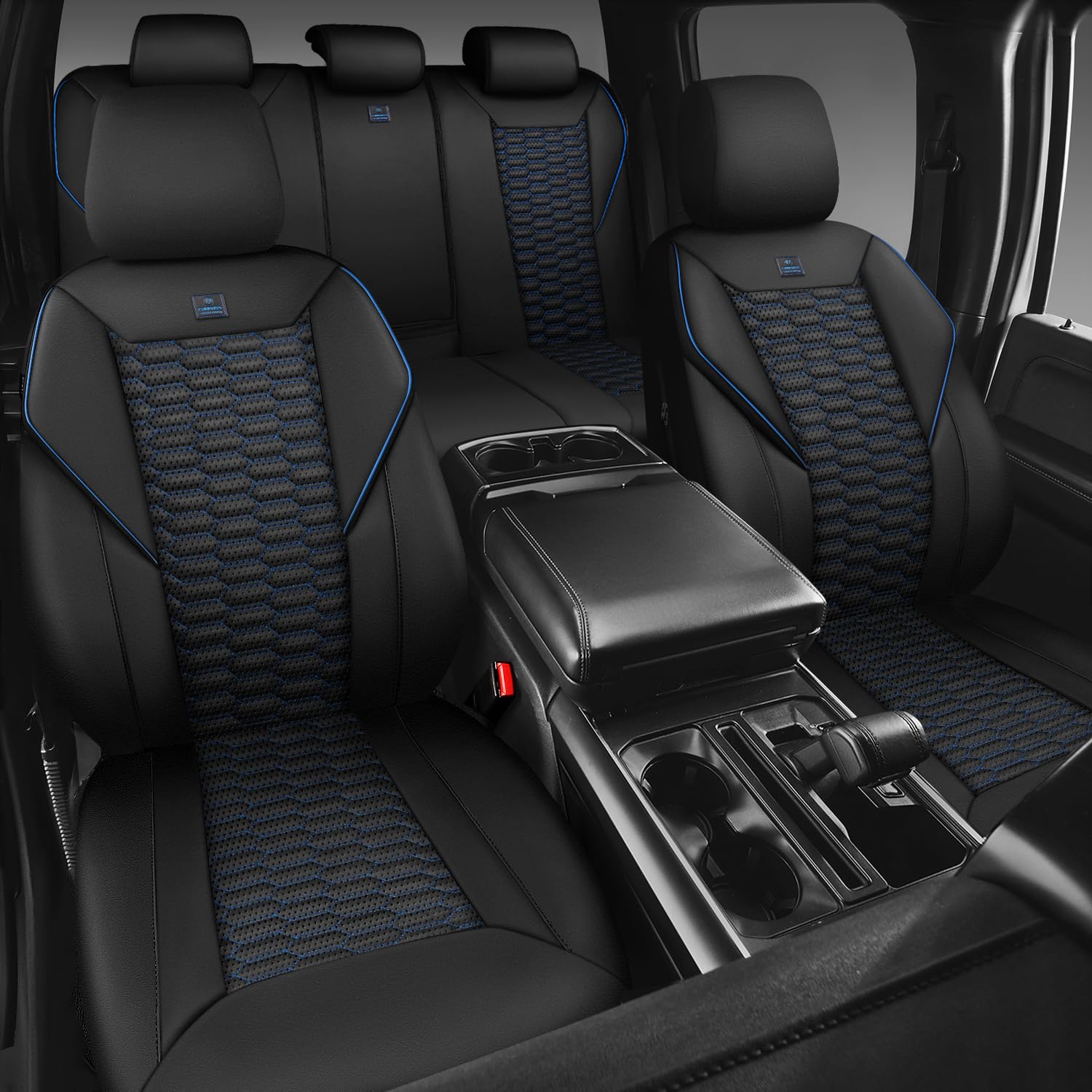 CAR PASS quilted design with blue piping elevates interior style.